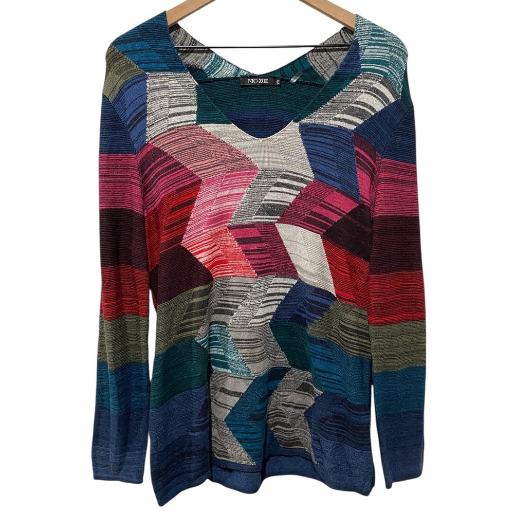 Nic + Zoe Abstract Colorful Tunic Sweater‎ Sz M Petite Pullover V-Neck